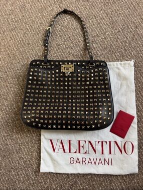 Valentino Garavani Black Leather Shoulder Bag with Gold Pyramid Studs